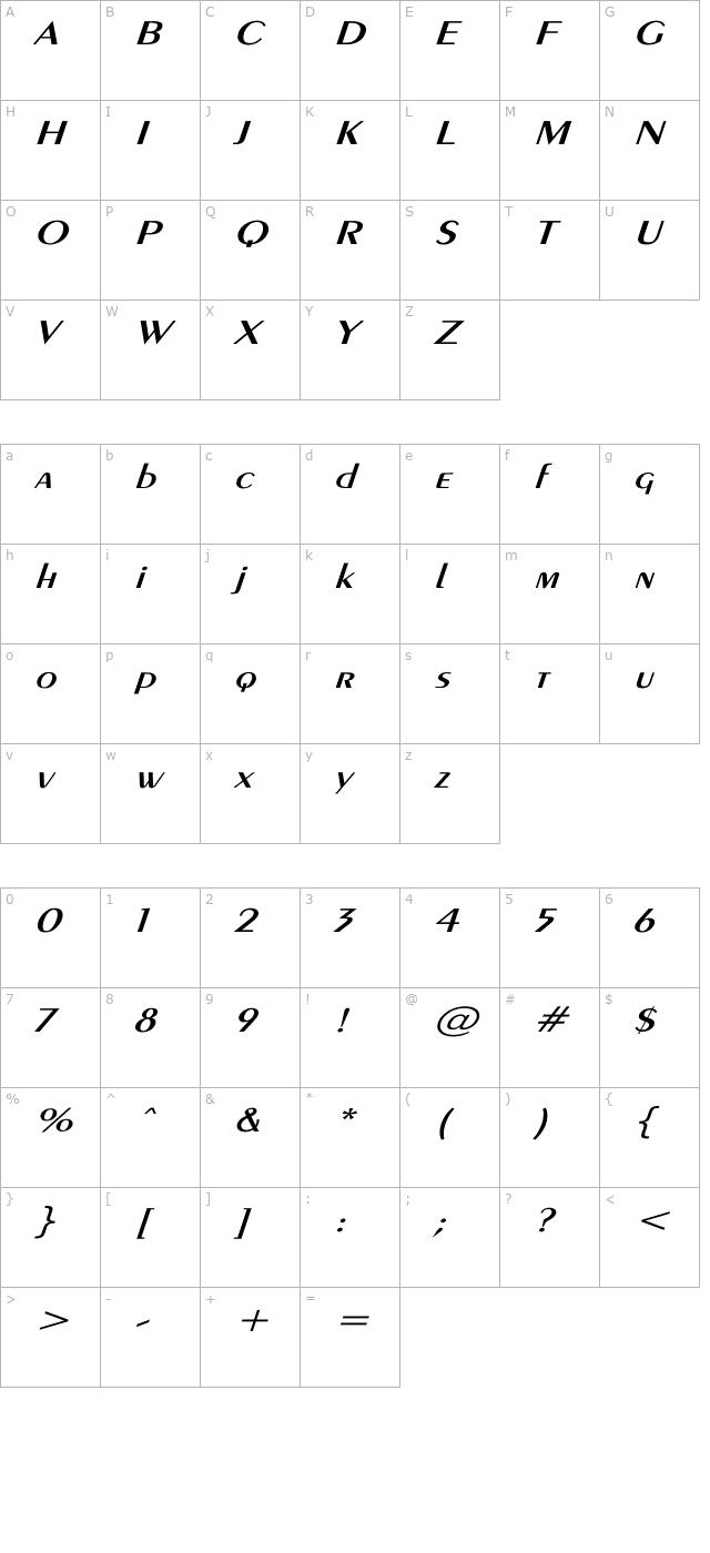 Exotic-Demi Wd Italic character map