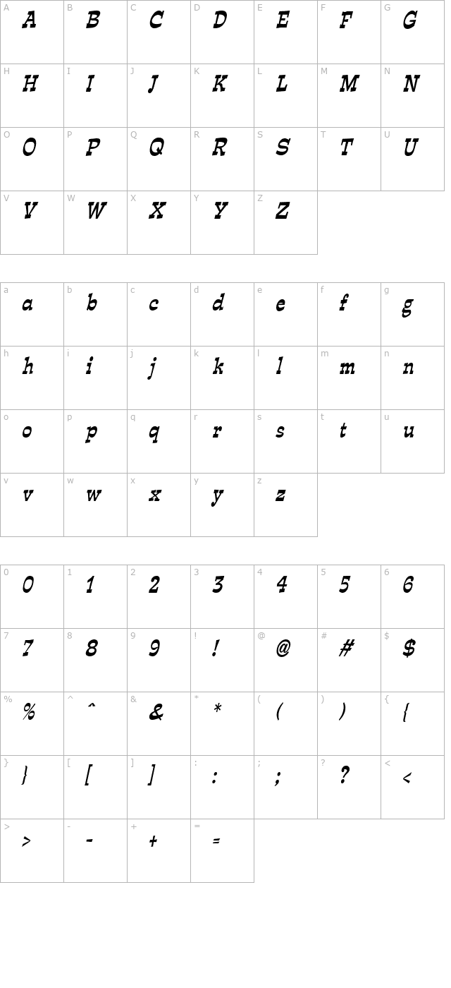 expose-condensed-italic character map