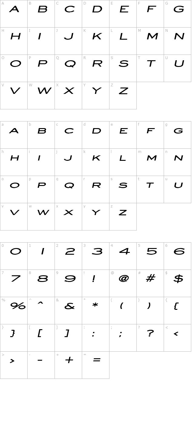 Eye glass Extended Bold Italic character map