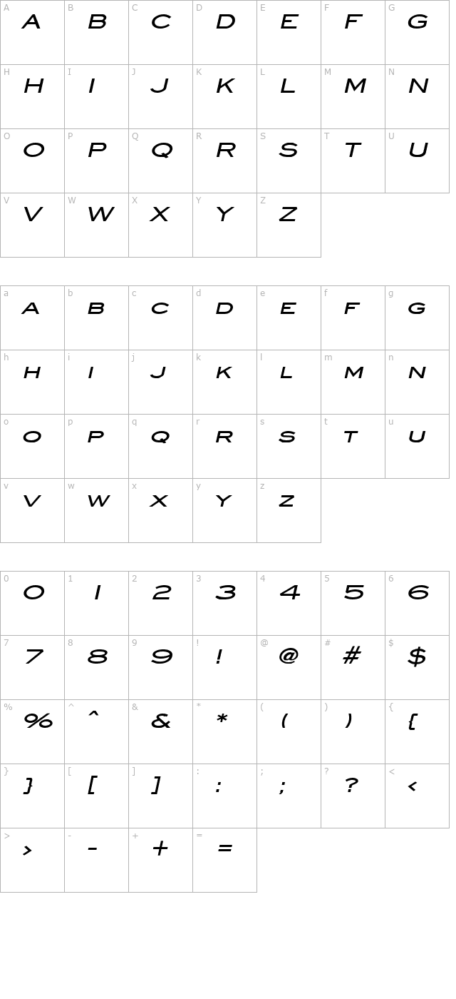 Eye glass Wide Bold Italic character map