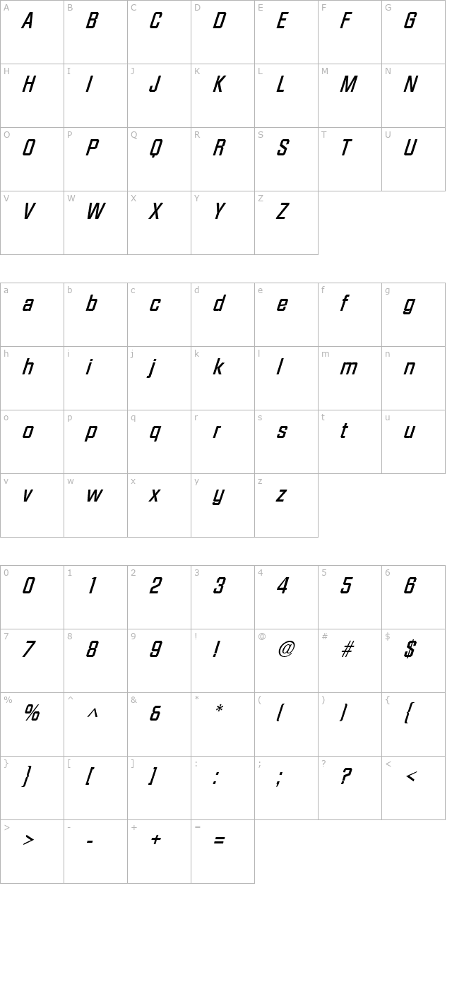 Facet-Xitalic Bold character map