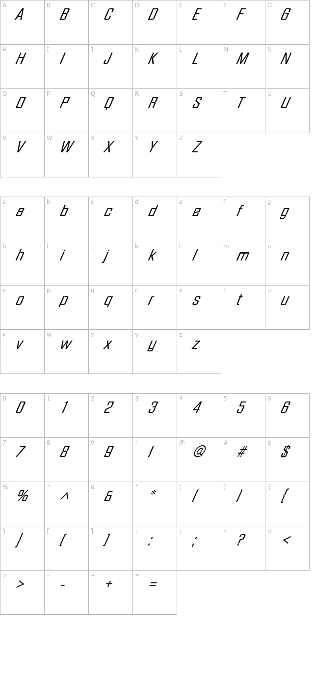 Facet-XXitalic Regular character map