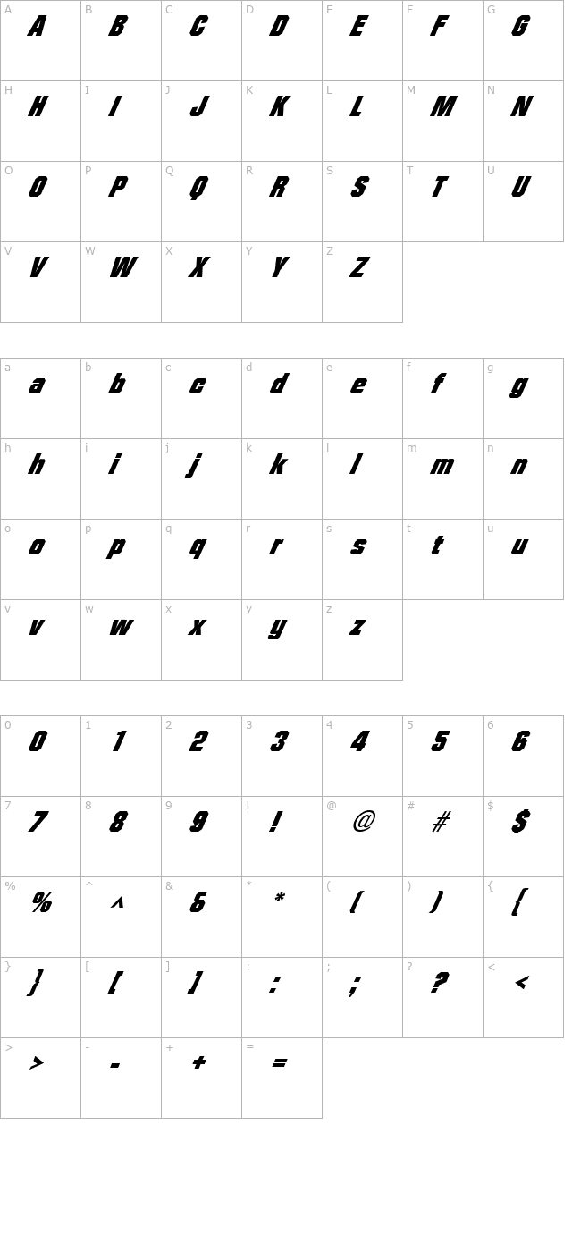 facetblack-xxitalic-regular character map