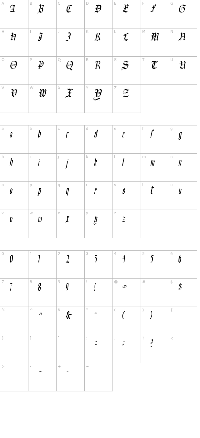 Fains Italic character map