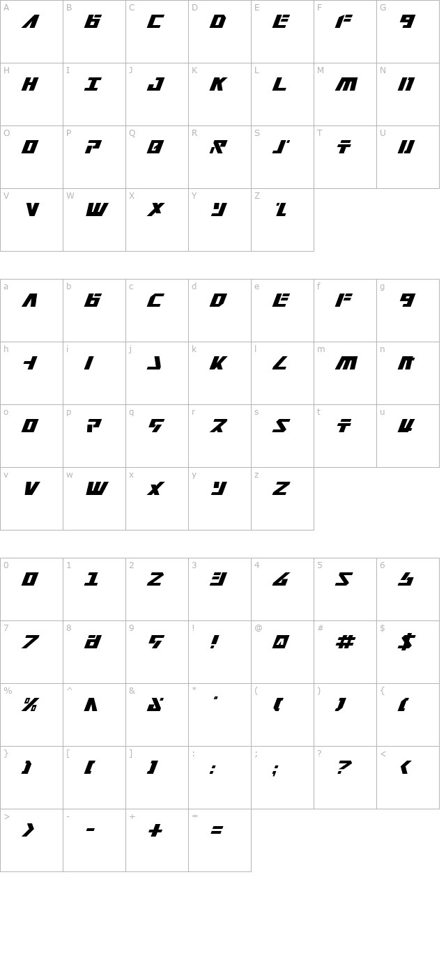 falconhead-italic character map