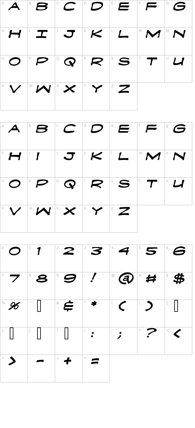 Fanboy Hardcore Italic character map