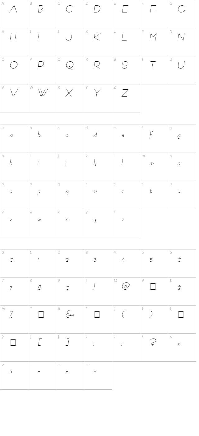 Fashion Oblique character map