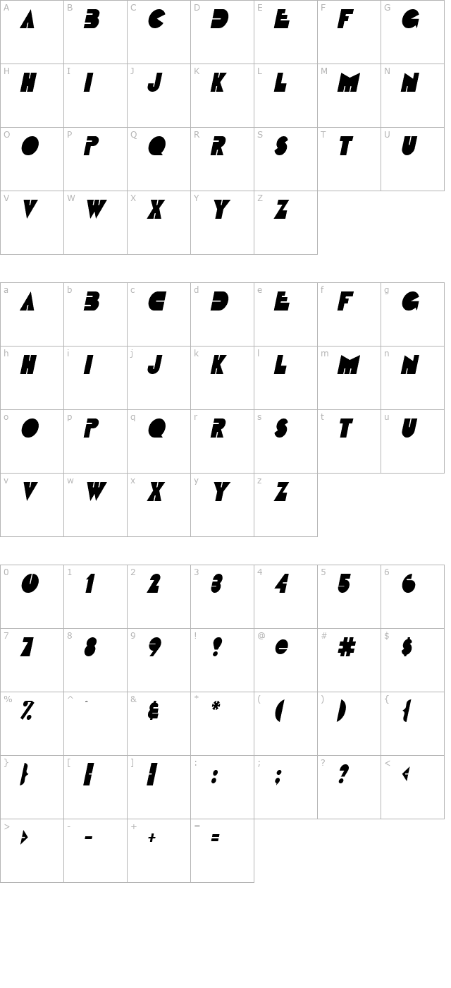 Fatso Condensed Italic character map