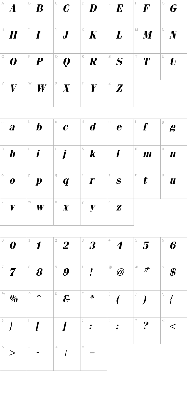 Fenice Bold Italic character map