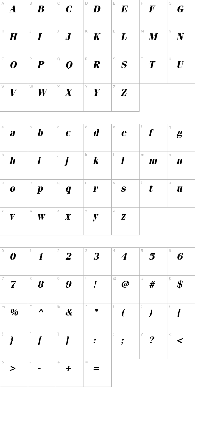 Fenice BoldOblique character map