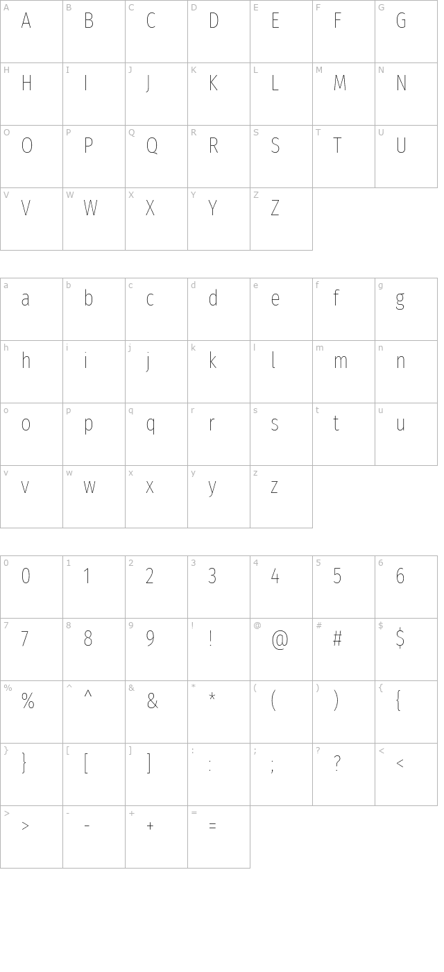 fira-sans-extra-condensed-thin character map