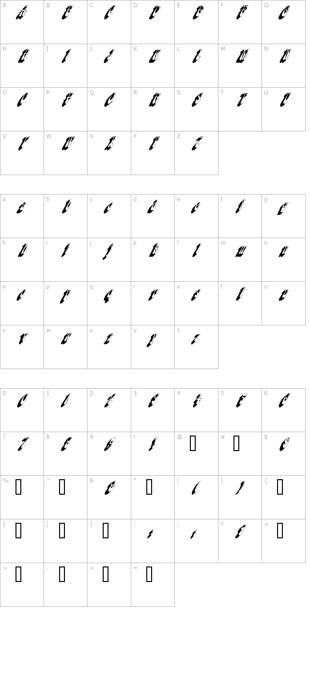 FlashbackCondensed Oblique character map