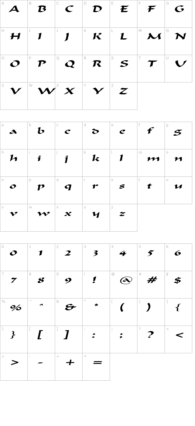 Flat Brush Extended Italic character map