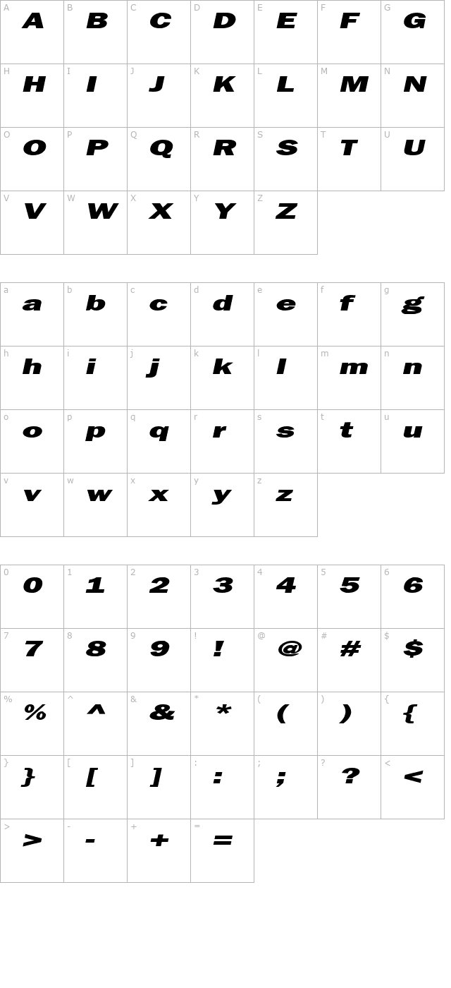 francis-gothic-extended-italic character map