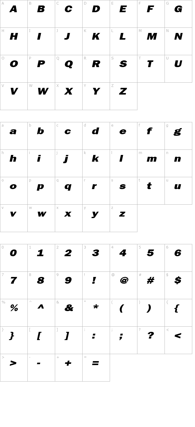 Francis Gothic Wide Italic character map