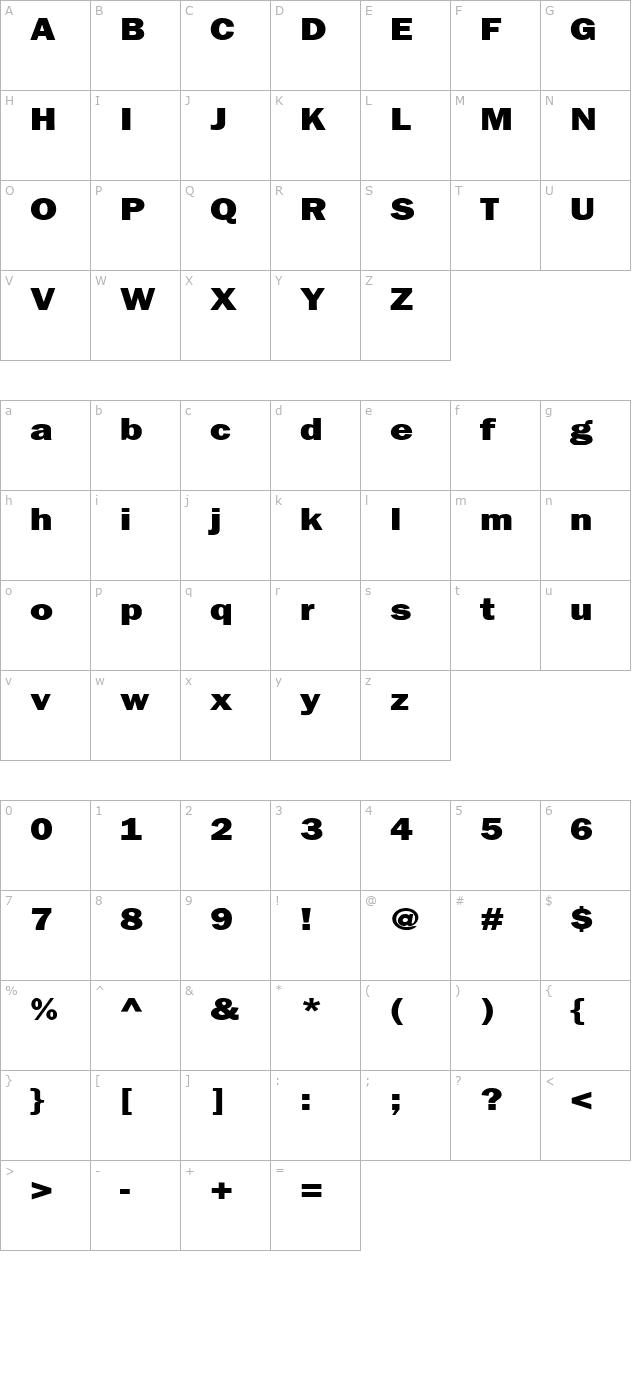 francis-gothic-wide-normal character map