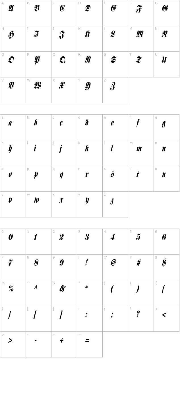 Frank Condensed Italic character map