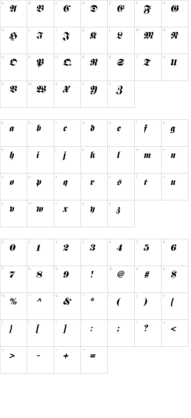 Frank Italic character map