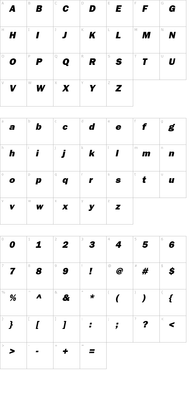 frankfurtgothicheavy-italic character map