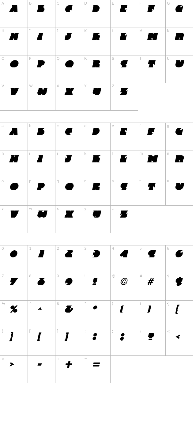 frantic-italic character map