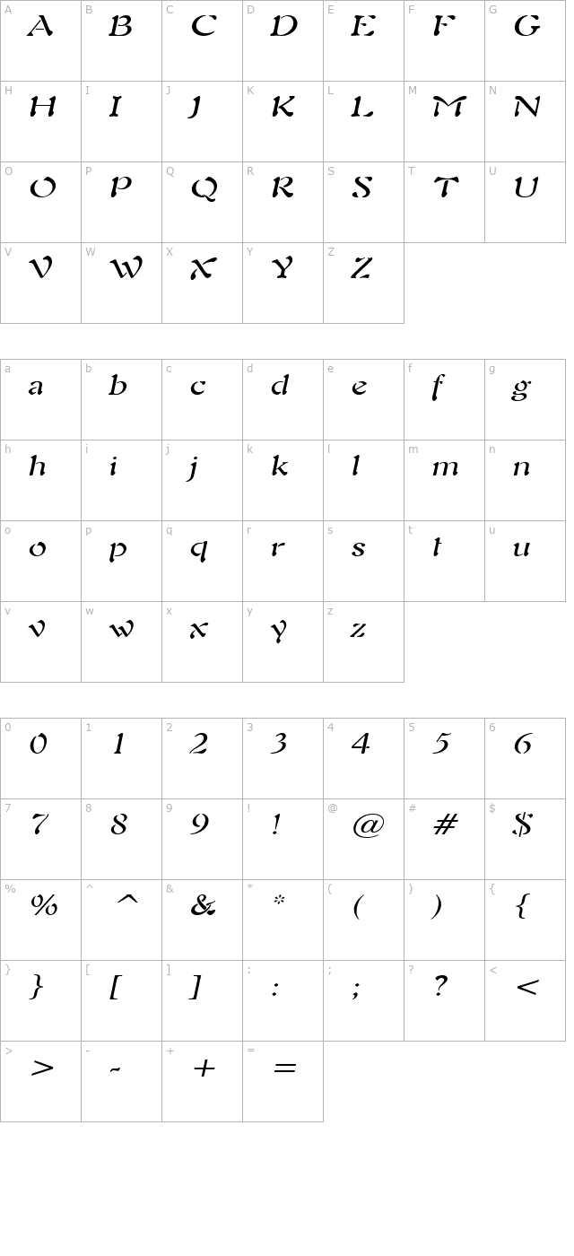 Freedom 9 Wide Italic character map