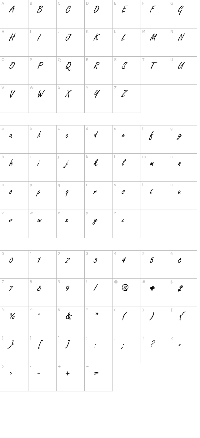 FreelanceScript Regular character map