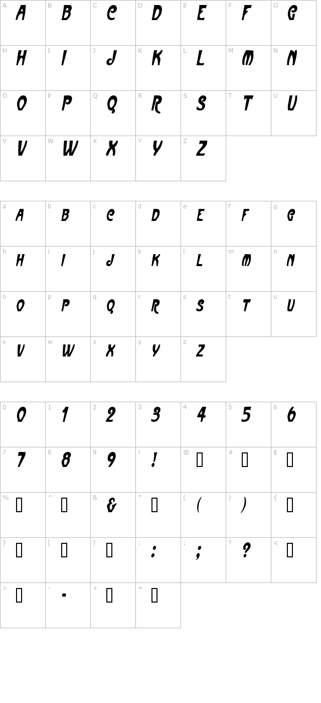 FrenchBeanCondensed Oblique character map