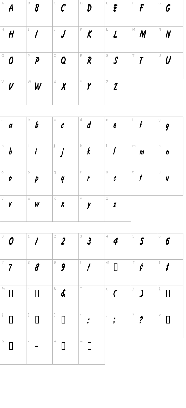 fritzercondensed character map