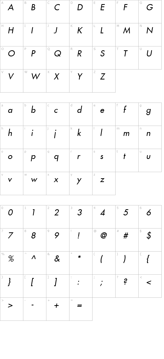 Fujiyama2 Italic character map