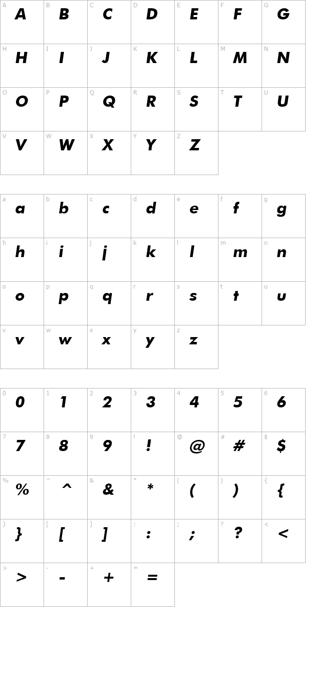 Futuri Bold Italic character map