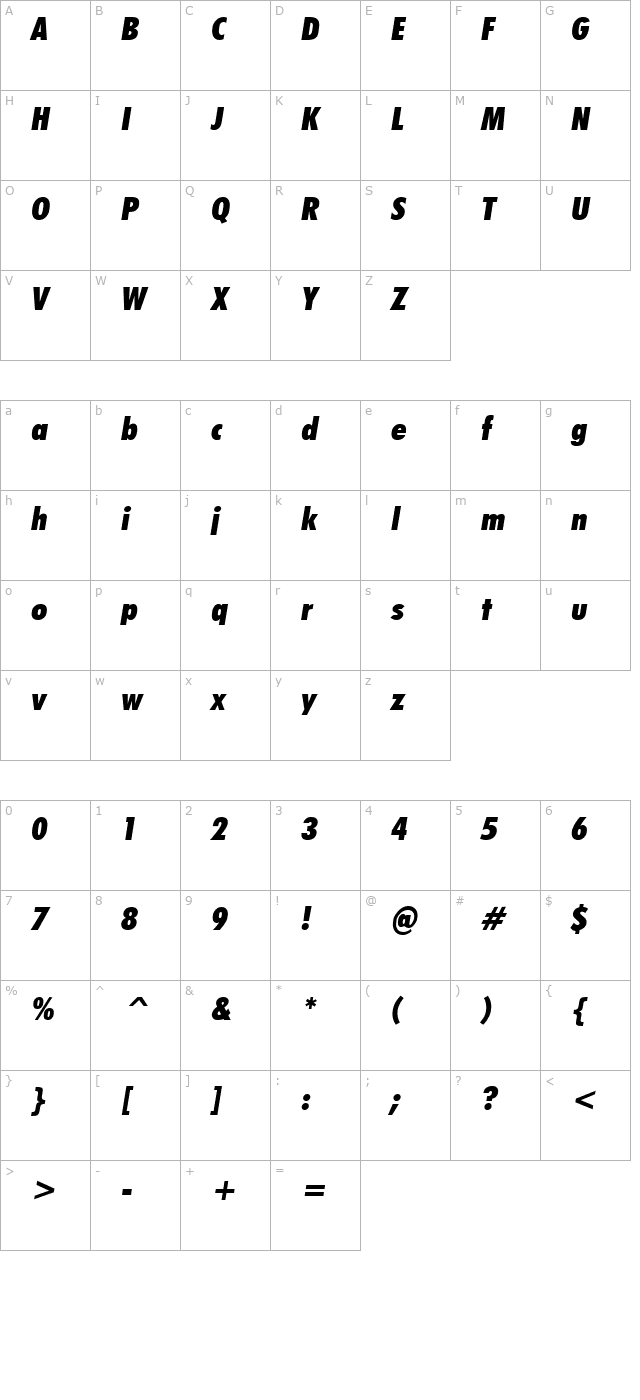 Futuri Cond. Extra Bold Oblique character map