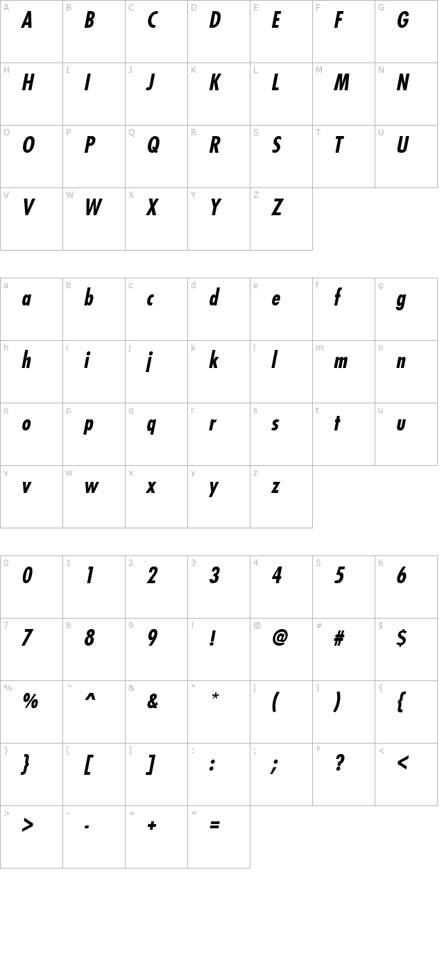 FuturistCondensed Bold Italic character map
