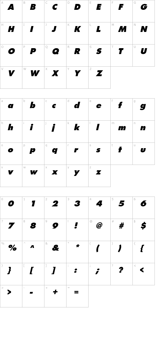 FuturistExtrabold Italic character map