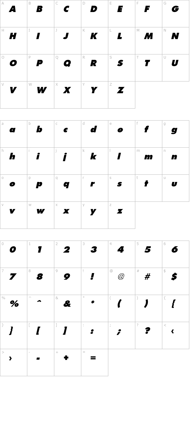FuturistExtraHeavy Italic character map