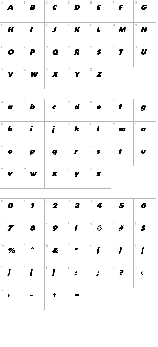 futuristextraheavy-italic character map