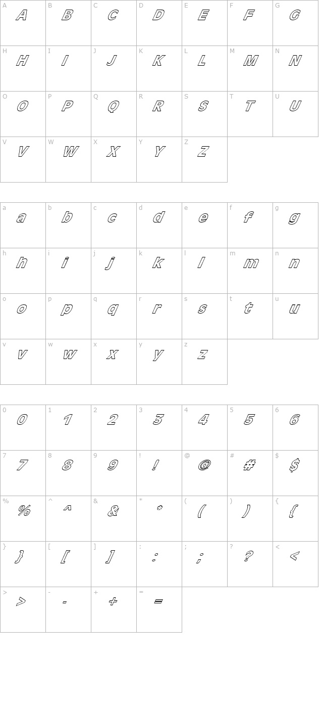 FZ BASIC 1 HOLLOW ITALIC character map