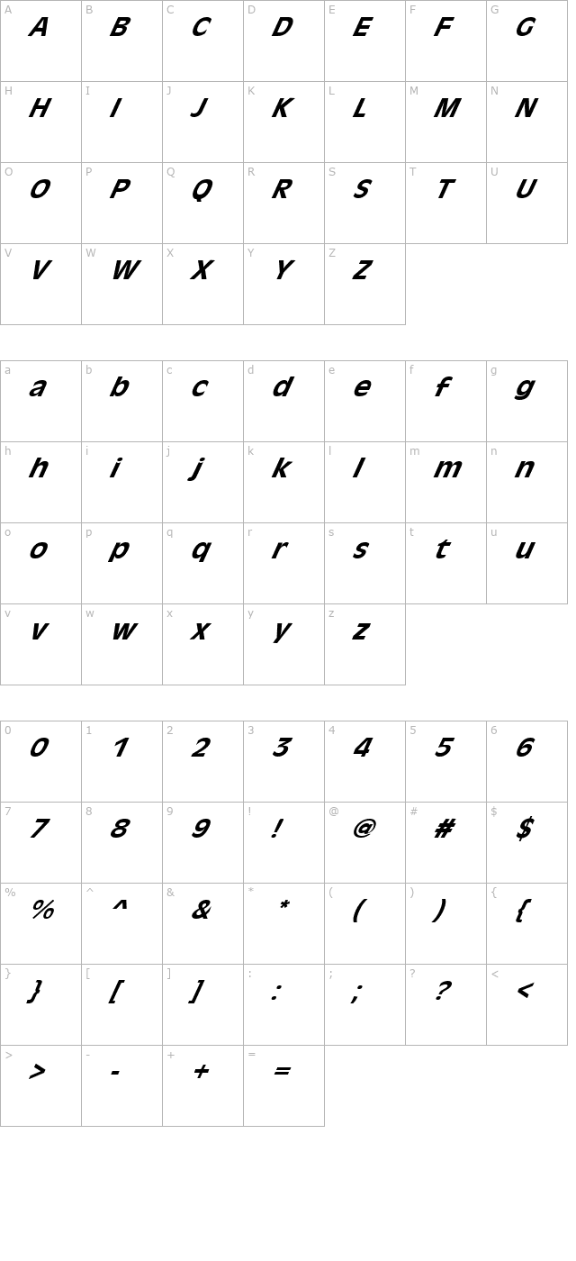 FZ BASIC 1 ITALIC character map