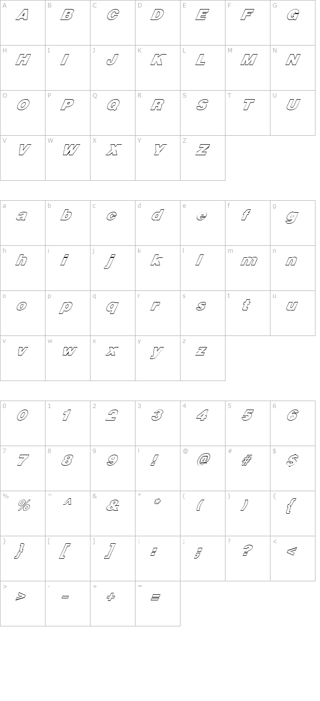 FZ BASIC 13 HOLLOW ITALIC character map