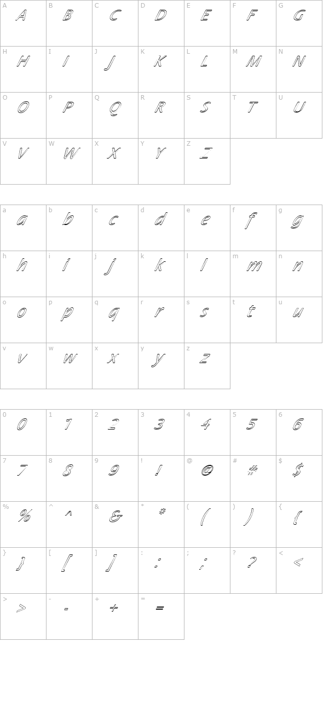 FZ BASIC 17 HOLLOW ITALIC character map