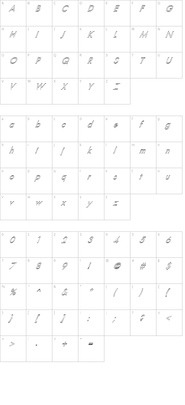 FZ BASIC 18 HOLLOW ITALIC character map