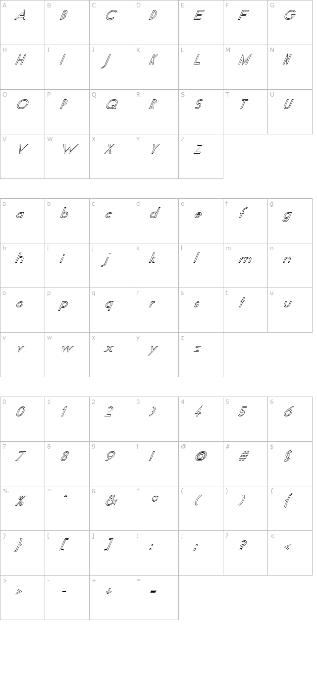 FZ BASIC 19 HOLLOW ITALIC character map