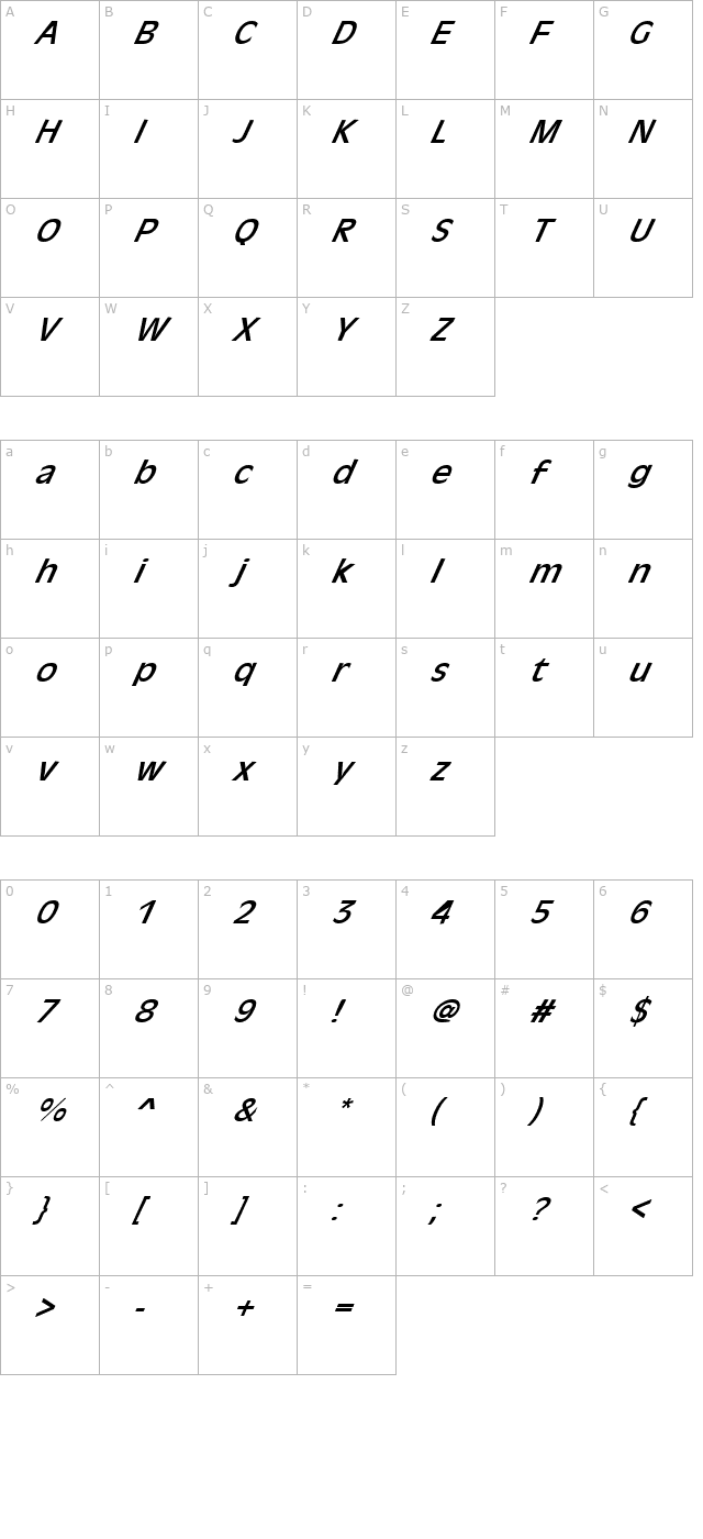 FZ BASIC 2 ITALIC character map