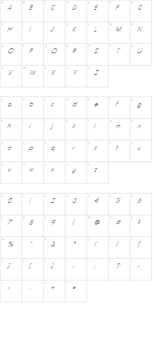 FZ BASIC 20 HOLLOW ITALIC character map