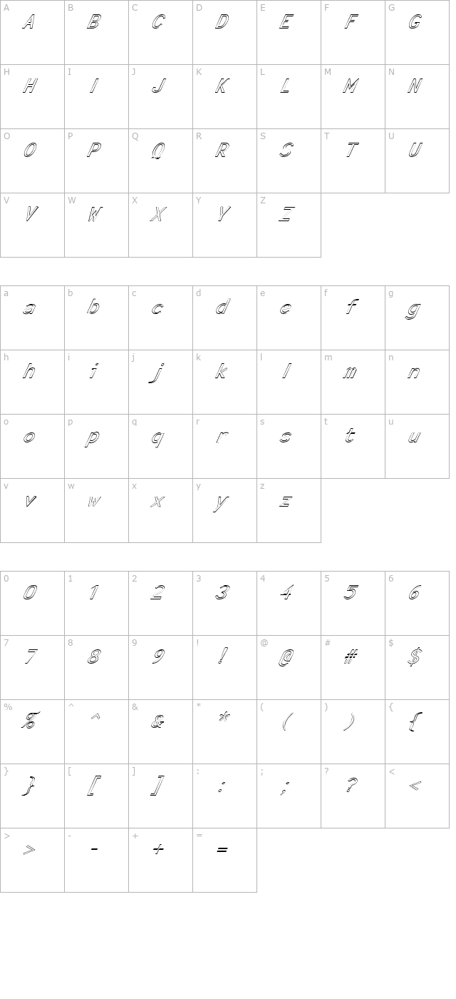 FZ BASIC 23 HOLLOW ITALIC character map