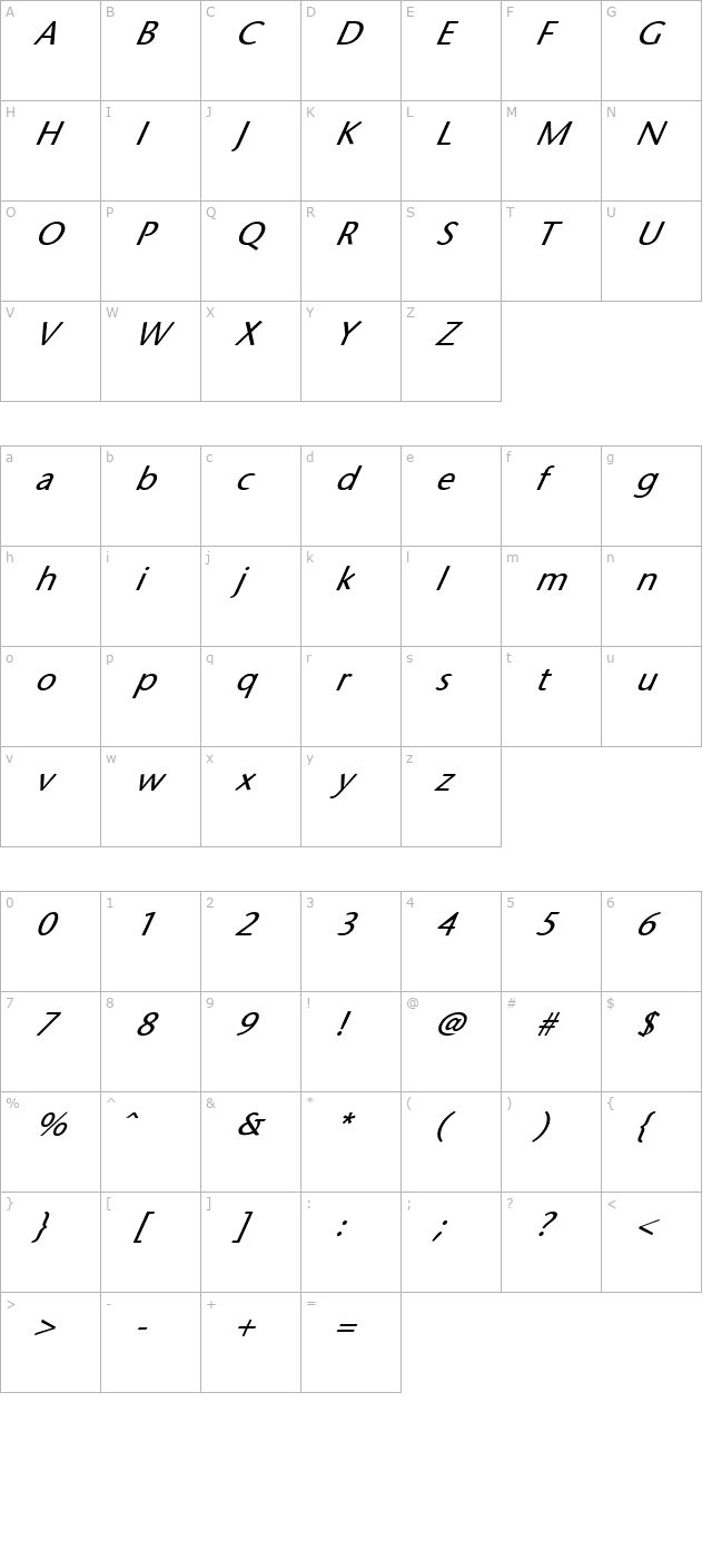 FZ BASIC 25 ITALIC character map