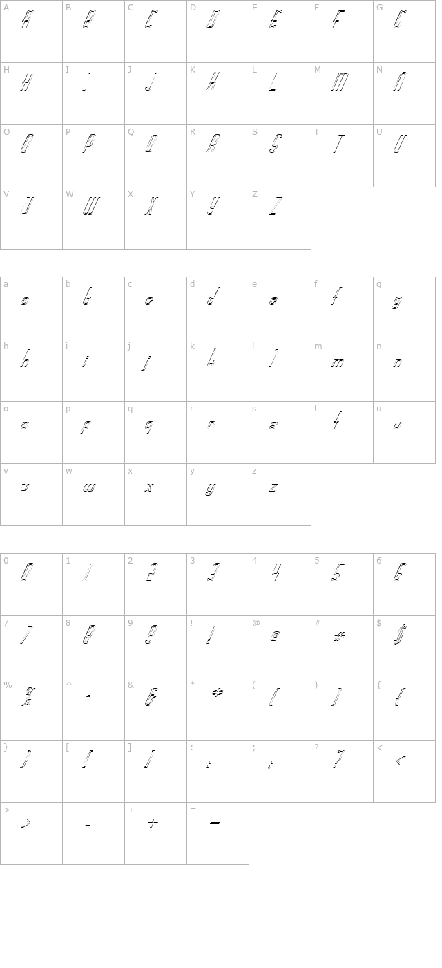 FZ BASIC 44 HOLLOW ITALIC character map