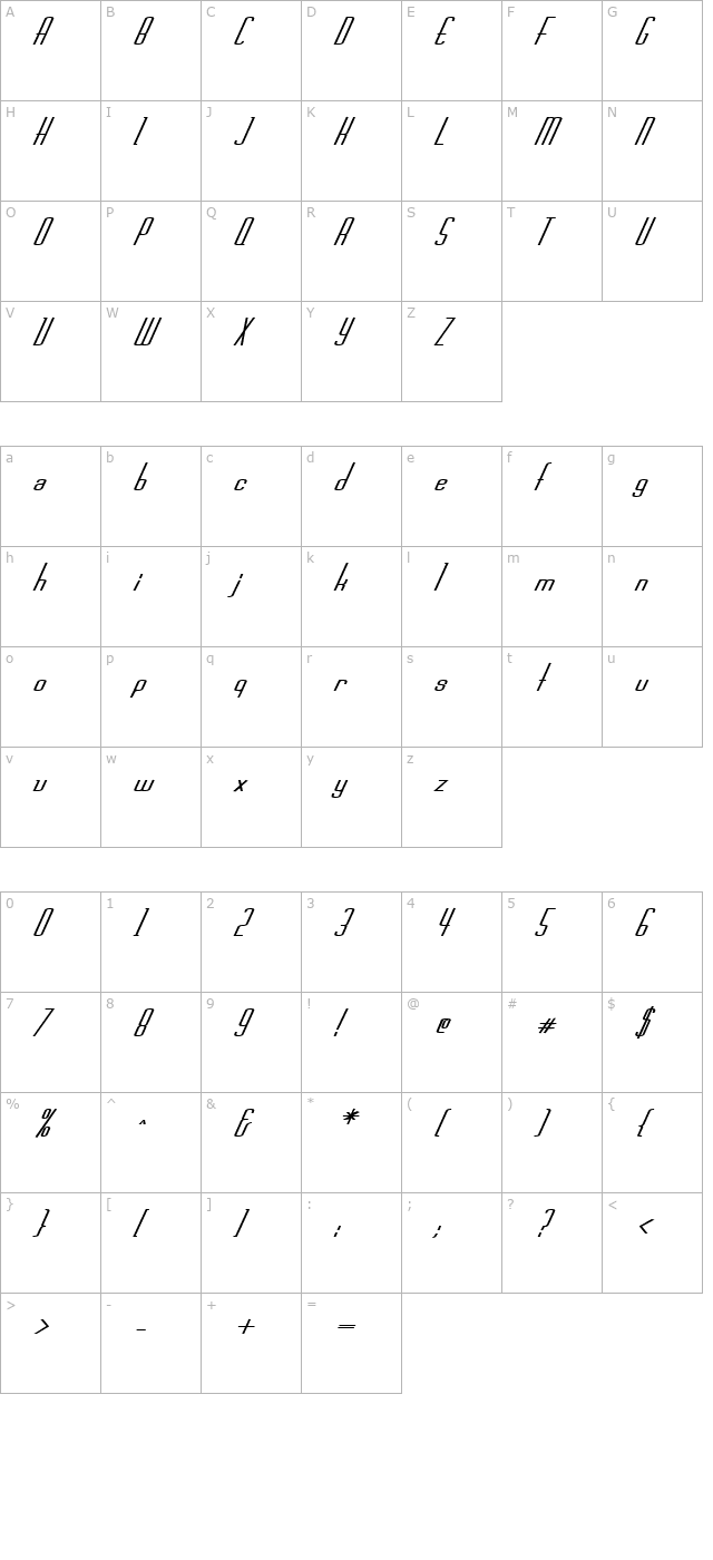 FZ BASIC 44 ITALIC character map