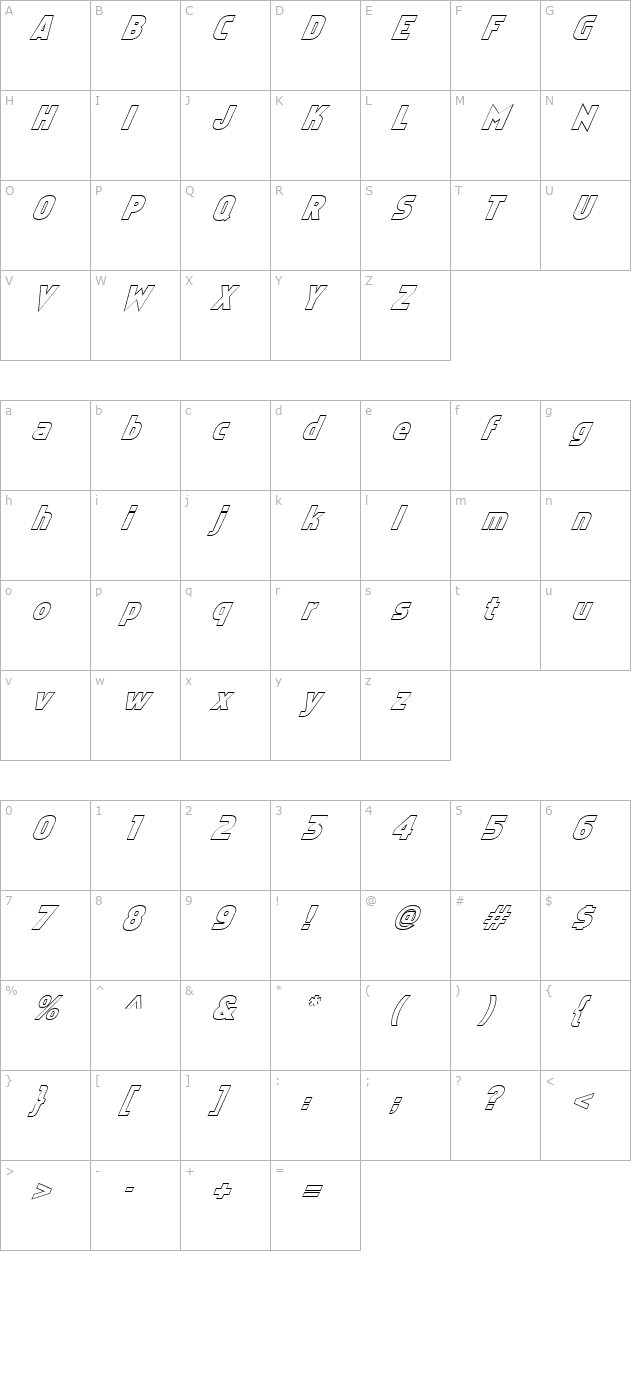 FZ BASIC 5 HOLLOW ITALIC character map