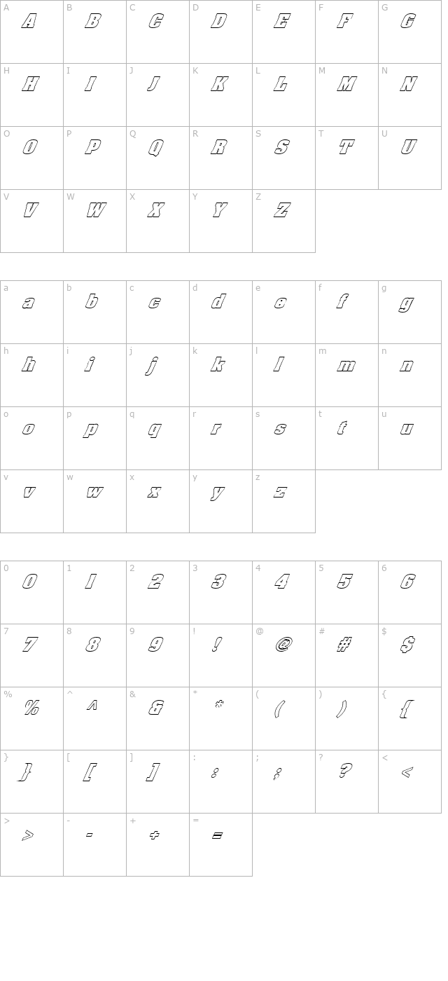 FZ BASIC 52 HOLLOW ITALIC character map