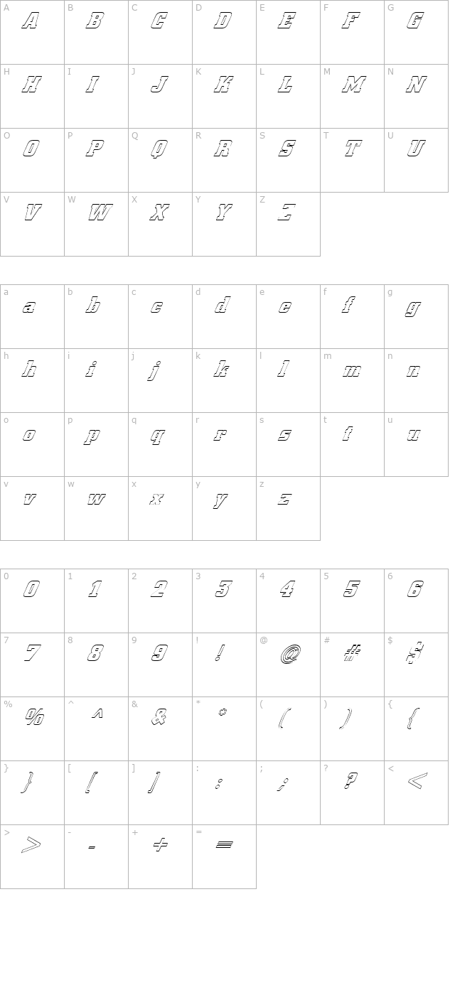 FZ BASIC 53 HOLLOW ITALIC character map